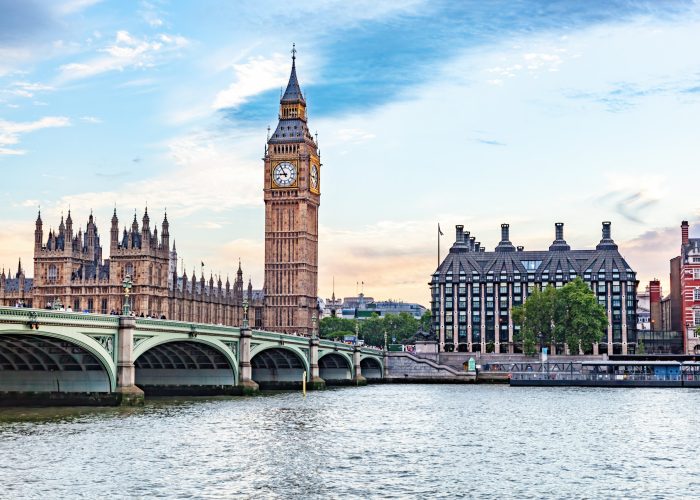 Big Ben, Westminster Bridge on River Thames in London, England, UK at sunset