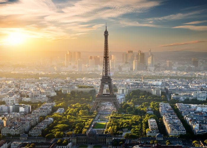 Aerial view on Eiffel Tower and district la Defense in Paris, France