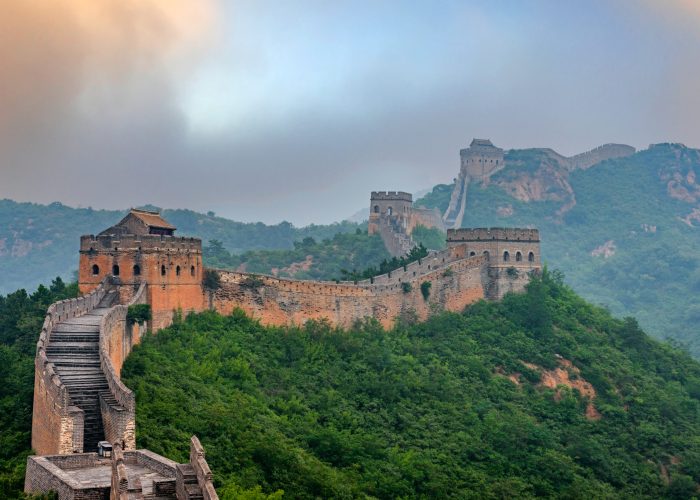 Great Wall of China at the Jinshanling section at dusk.
