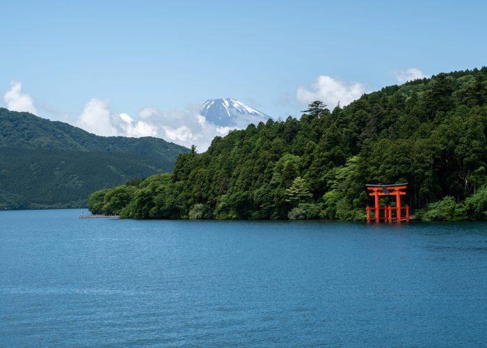 Hakone shrine with mt.Fuji at  lake Ashi, Japan