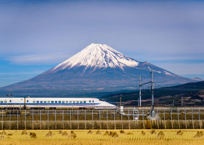 Mt. Fuji and train in Japan.