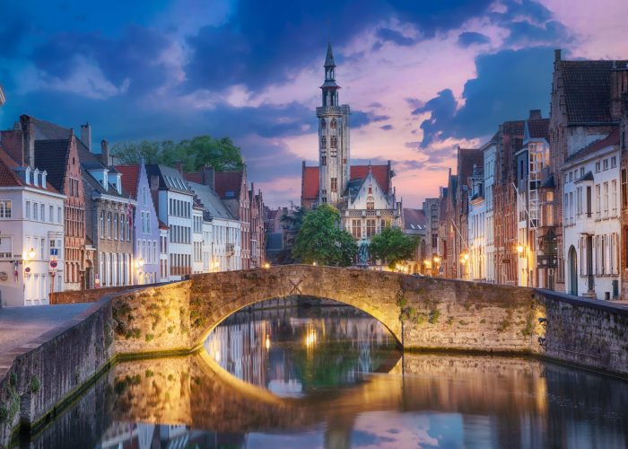 Bruges or Brugge, Belgium. View of  Spiegelrei canal at dusk (HDR image)